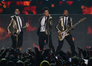 Bruno Mars performs during the Pepsi Super Bowl XLVIII Halftime Show at MetLife Stadium on February 2, 2014 in East Rutherford, New Jersey.