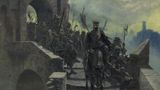 A Nazgul leads an army of orcs across a stone bridge against cloudy, green-yellow skies