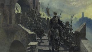 A Nazgul leads an army of orcs across a stone bridge against cloudy, green-yellow skies