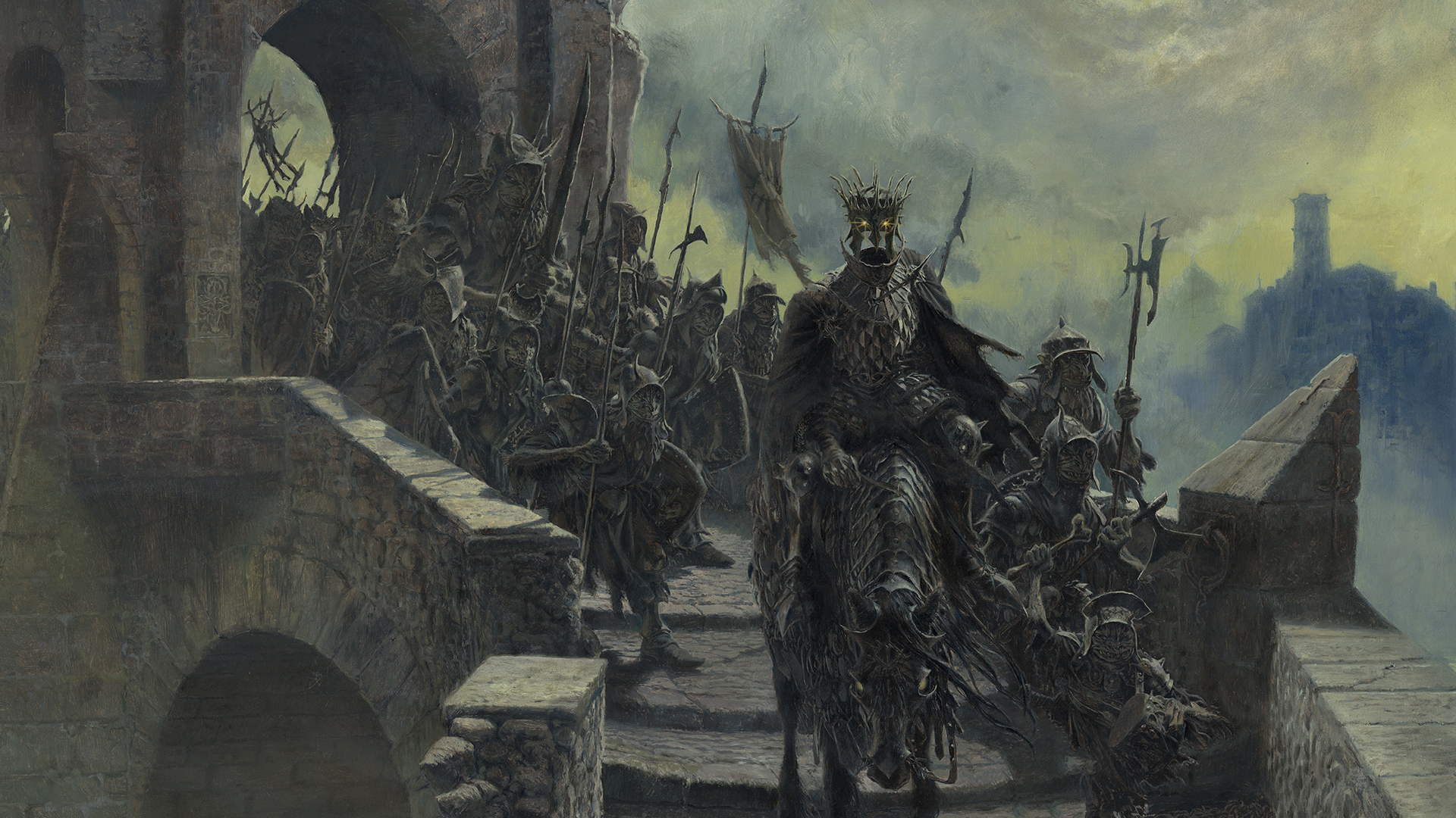 A Nazgul leads an army of orcs across a stone bridge against cloudy, green-yellow skies