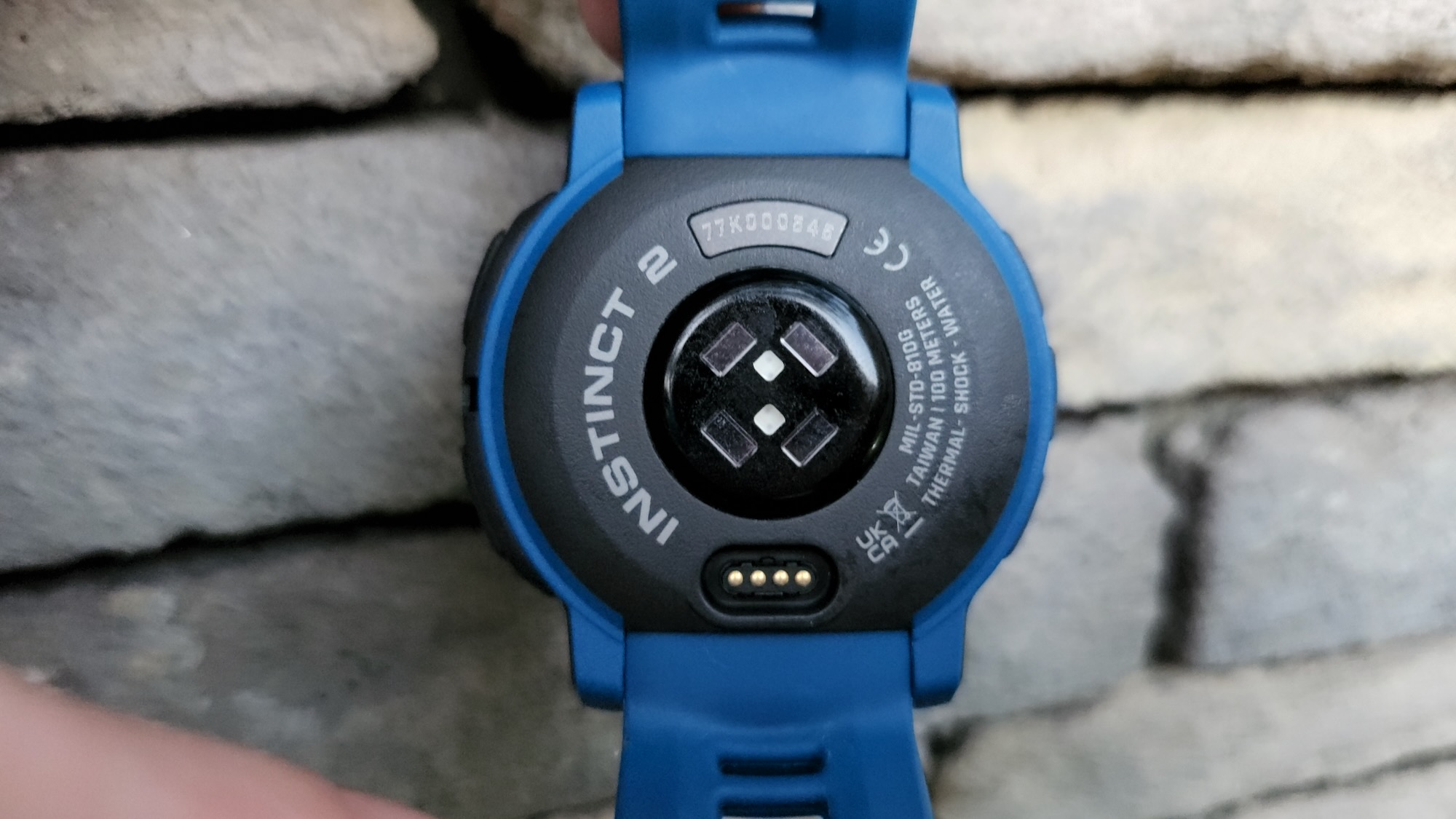 The sensors on the back of the Garmin Instinct 2 Solar watch face