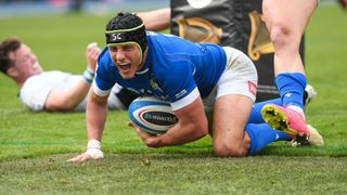 Juan Ignazio Brex of Italy celebrates after scoring a try during the Six Nations 2024 