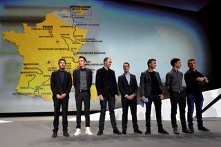 The favourites line up in front of the 2017 Tour de France route map