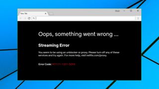 A webpage displaying Netflix's error page which asks the user to disable their unblocker or proxy.