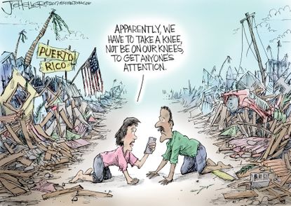 Political cartoon U.S. Puerto Rico hurricane Maria NFL kneeling