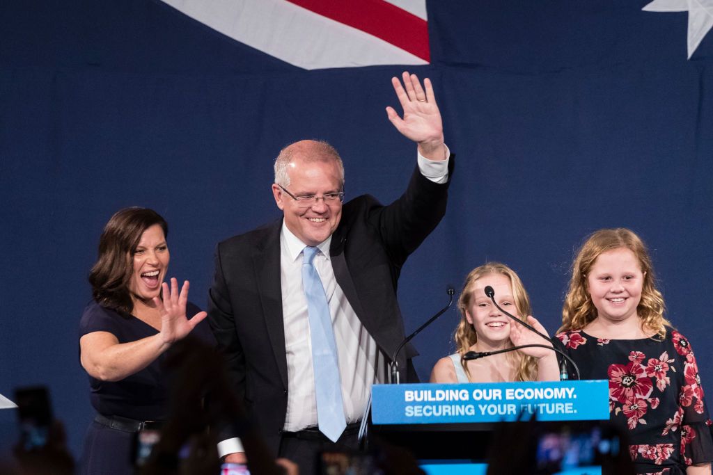 SYDNEY, AUSTRALIA - MAY 18: Newly elected Prime Minister of Australia Scott Morrison, joined by wife Jenny and daughters Lilly and Abbey speaks at the Liberal Party reception at the Sofitel W