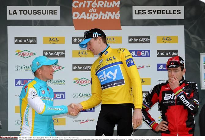 The 2011 podium topped by Bradley Wiggins, with Alexander Vinokourov and Cadel Evans