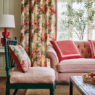 living rooms with bright fabric sofas