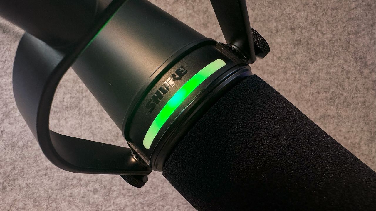 Shure MV7+ from above, showing its green LED ring