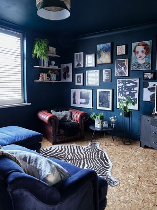 Slated blinds in dark blue contemporary living room with eclectic gallery wall, zebra rug and corkboard floor