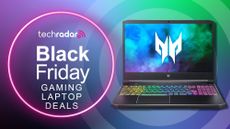 A TechRadar Black Friday gaming laptop deals graphic with a gaming laptop