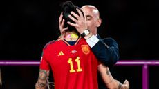 Spanish FA boss Luis Rubiales kissing Spain’s Jenni Hermoso on the mouth