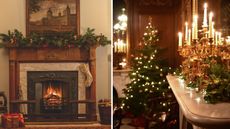 Christmas fireplace with garland and stockings and a mantel with candelabras and christmas tree