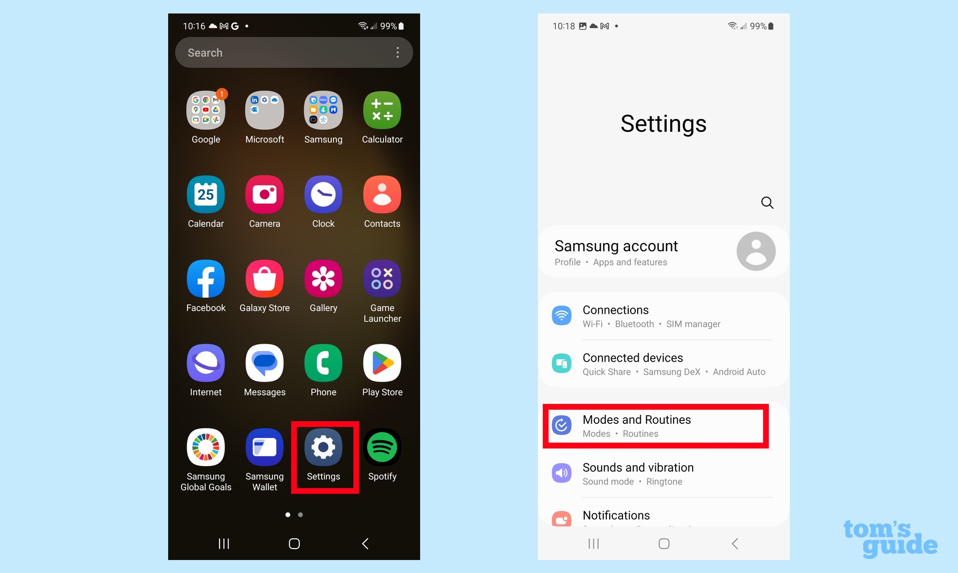 set a mode on Galaxy S23 by launching Settings and going to Modes & Routines