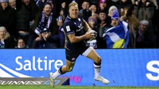 Duhan van der Merwe of Scotland runs into score his team's second try during the Guinness Six Nations 2024 match between Scotland and England at BT Murrayfield Stadium on February 24, 2024 in Edinburgh, Scotland