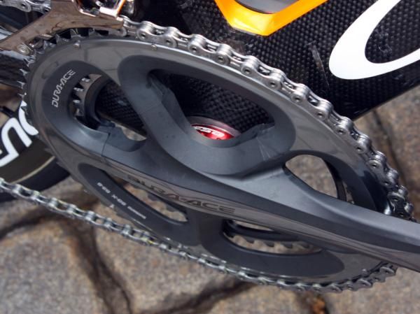 Tucked behind the Euskaltel-Euskadi Orbea Orca's Shimano Dura-Ace cranks are FSA ceramic bottom brackets.