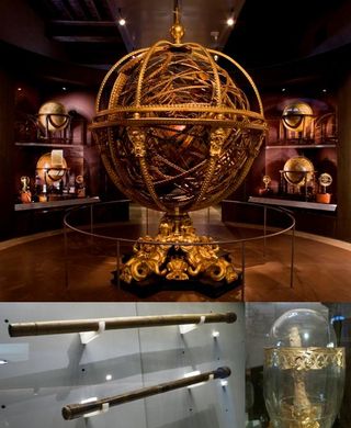 Some of the objects in the Galileo Museum in Florence, Italy. A large gilt wooden armillary sphere, circa 1590; at top, the original telescopes Galileo used to discover the moons of Jupiter and more; and his preserved finger. All items are on display and are featured in the museum's mobile app.