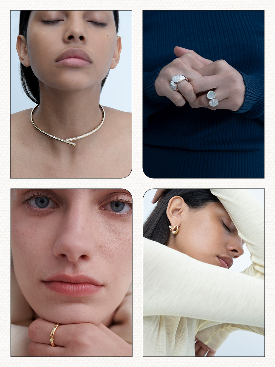 A collage of models wearing the Asian-owned jewelry brand Tabayer.