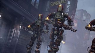 Mechanical enemies armed walking in formation in Clockwork Revolution