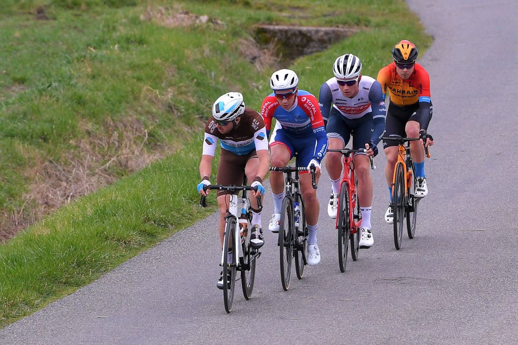LA CTESAINTANDR FRANCE MARCH 12 Alexis Gougeard of France and Team AG2R La Mondiale Anthony Turgis of France and Team Total Direct Energie Ryan Mullen of Ireland and Team Trek Segafredo Jan Tratnik of Slovenia and Team Bahrain Mclaren Breakaway during the 78th Paris Nice 2020 Stage 5 a 227 km stage from Gannat to La CteSaintAndr on ParisNice parisnicecourse PN March 12 2020 in La Cote France Photo by Luc ClaessenGetty Images