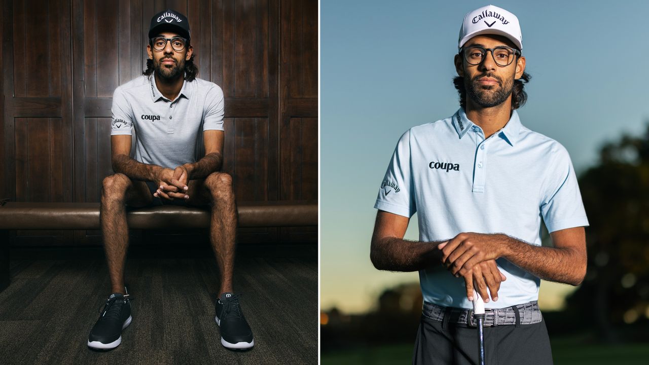 Akshay Bhatia posing in two TravisMathew shots