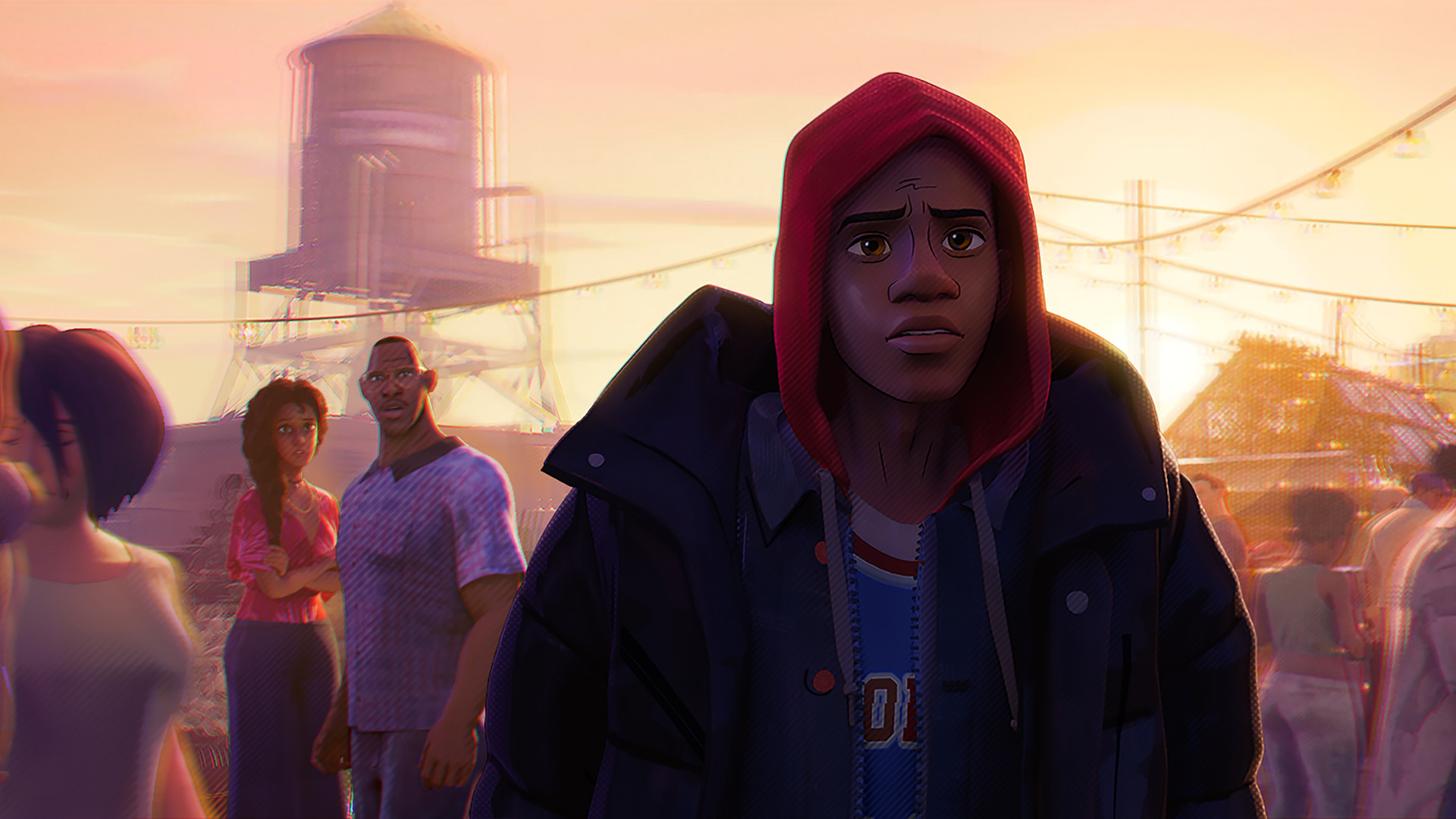 Miles walks away from his parents on a roof top in Spider-Man: Across the Spider-Verse