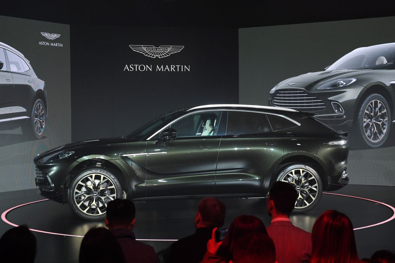 Aston Martin&amp;#039;s DBX SUV is seen at its world premiere in Beijing on November 20, 2019. - Aston Martin launched its first ever SUV in the Chinese capital on November 20. (Photo by GREG BAKER / 