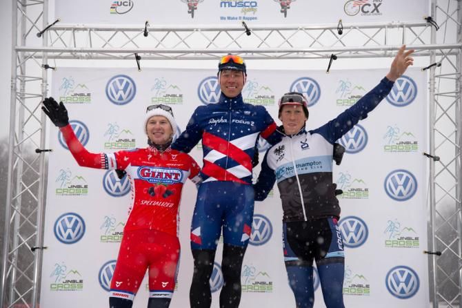 The men't podium of Jeremy Powers in first, Stephen Hyde in second, and Logan Owen taking third