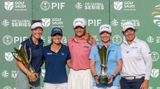 (L to R) Laura Fuenfstueck, Marta Sanz Barrio, Megan Dennis, Sarah Kemp and Danielle Du Toit pose with the trophies at the Aramco Team Series London 2025