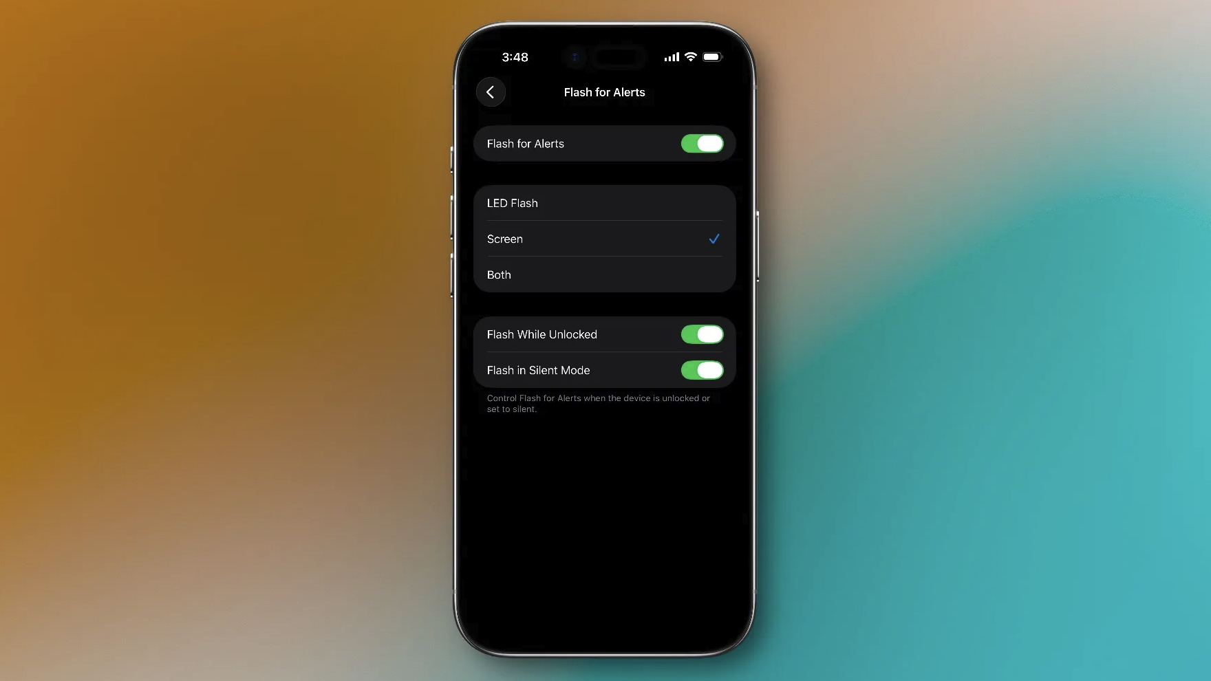 The 'Flash for Alerts' screen on iOS 26.2