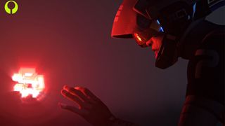 Marathon promo image - helmeted person bathed in red light reaching out to touch a floating glowy thing