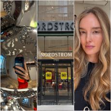 three slides with mirror reflective bubbles, the front of the nordstrom store, and a woman with long blonde wavy hair in a black shirt