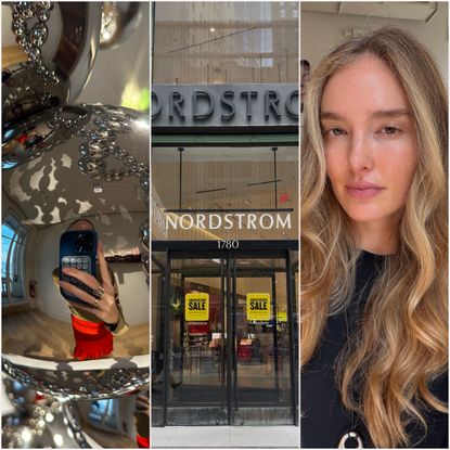 three slides with mirror reflective bubbles, the front of the nordstrom store, and a woman with long blonde wavy hair in a black shirt
