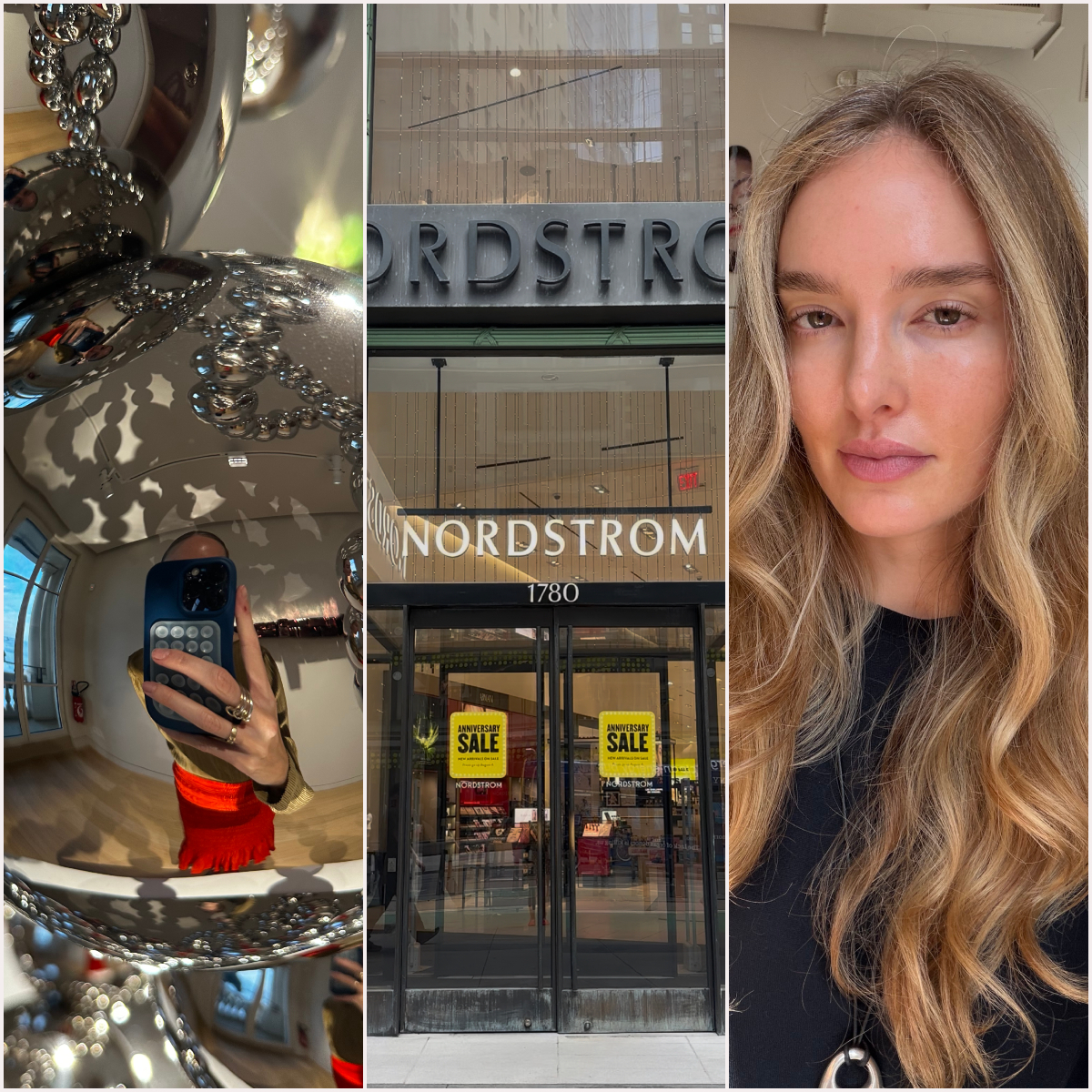 three slides with mirror reflective bubbles, the front of the nordstrom store, and a woman with long blonde wavy hair in a black shirt