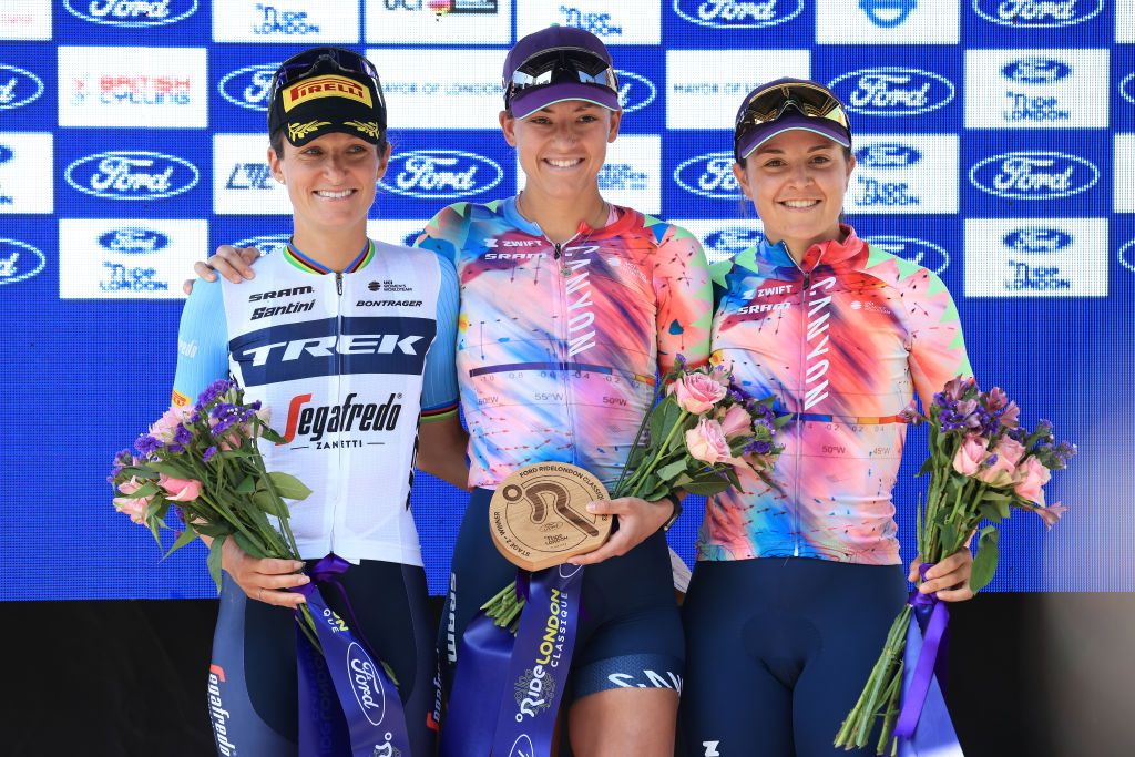 MALDON ENGLAND MAY 27 LR Elizabeth Deignan of The United Kingdom and Team Trek Segafredo on second place stage winner Chloe Dygert of The United States and Team CanyonSRAM Racing and Soraya Paladin of Italy and Team CanyonSRAM Racing on third place pose on the podium ceremony after the 6th RideLondon Classique 2023 Stage 2 a 1331km stage from Maldon to Maldon UCIWWT on May 27 2023 in Maldon England Photo by Stephen PondGetty Images