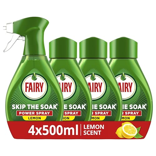 Fairy Skip the Soak Dish Spray Kit Lemon, Trigger + 4x500ml Refill. 100% Grease Removal for Dishes &amp;amp; Surfaces.