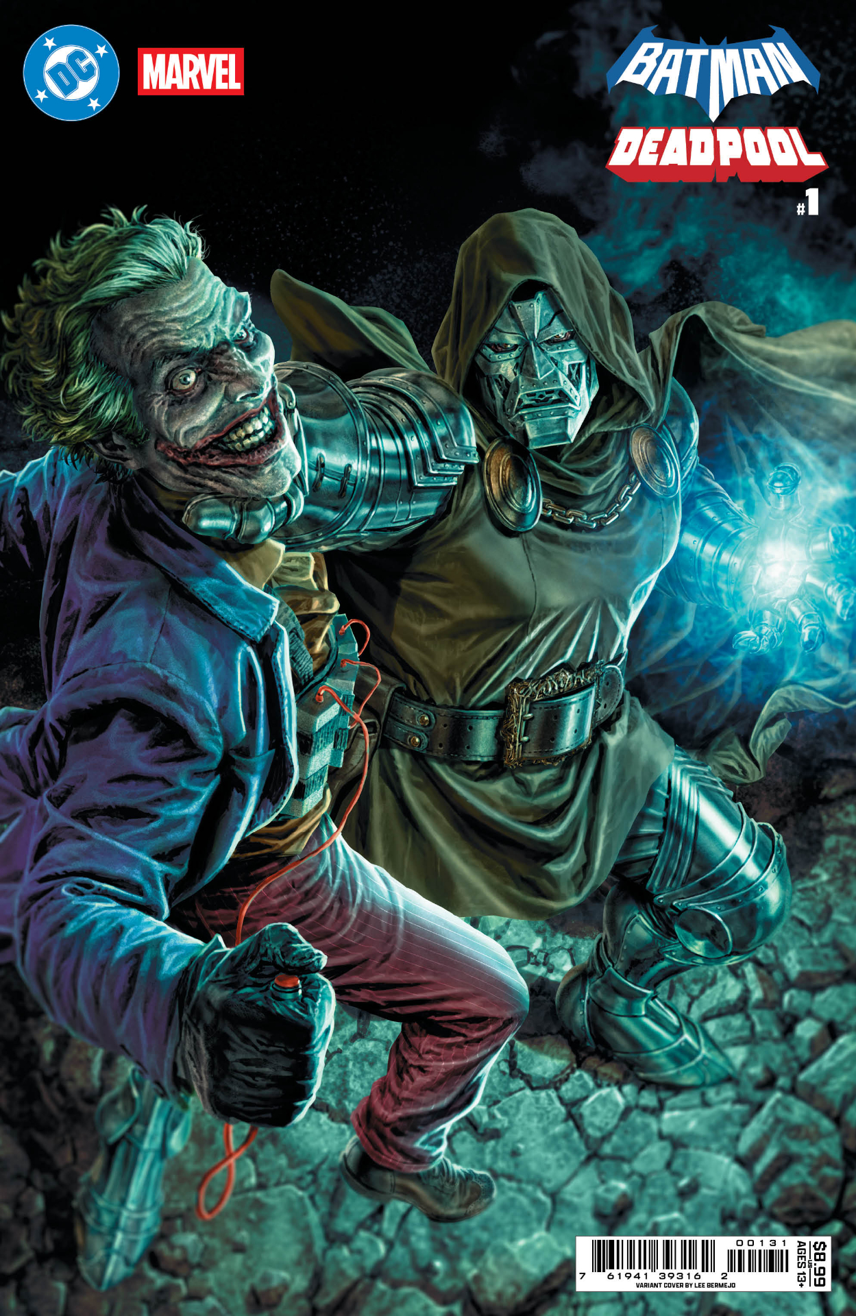 Doctor Doom holding the Joker over his head by the throat