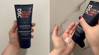 Split image of hand holding up Dollar Shave Club Shave Butter with had squeezing out bottle and product in palm