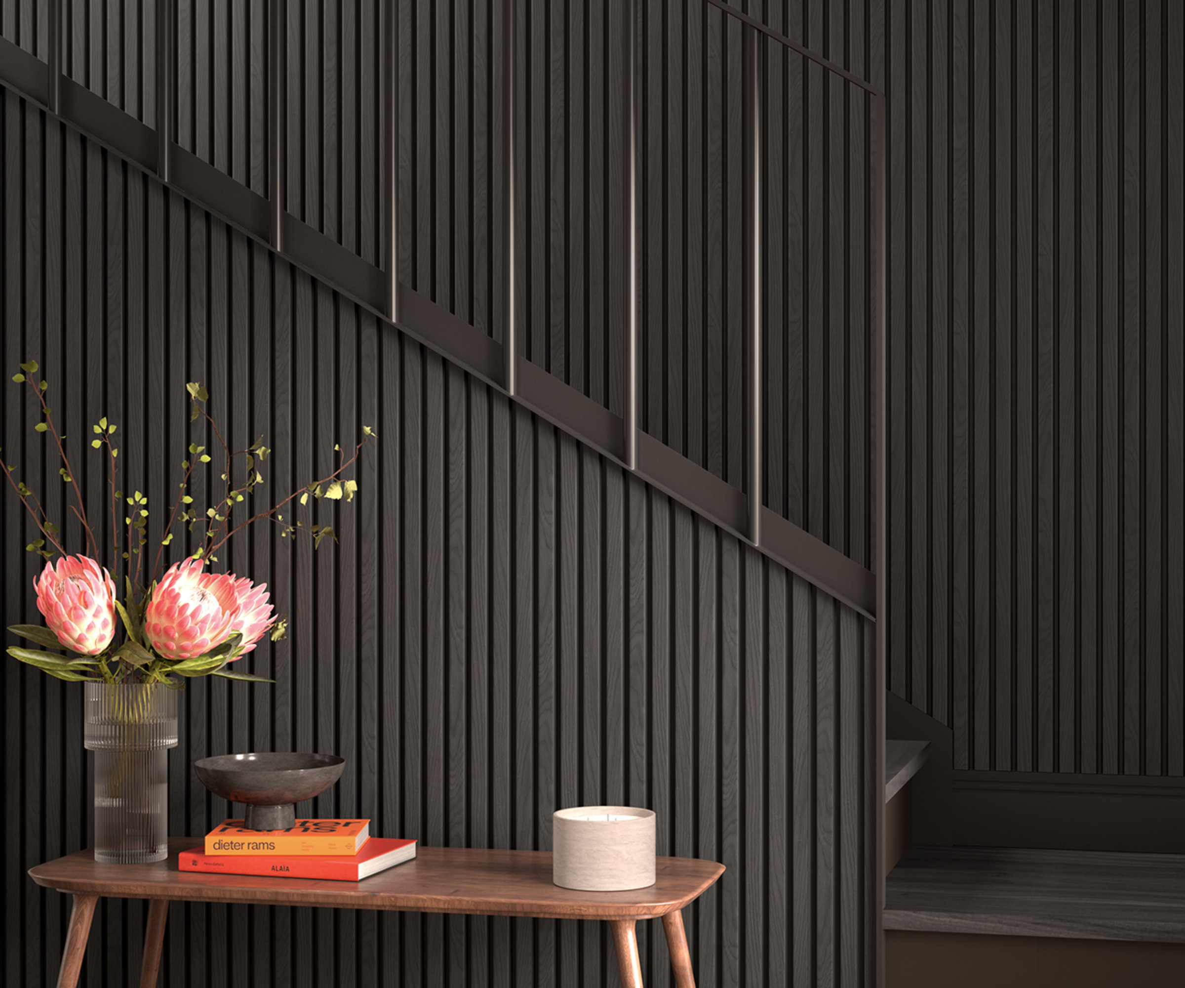 dark grey hallway clad with narrow slatted wall panels