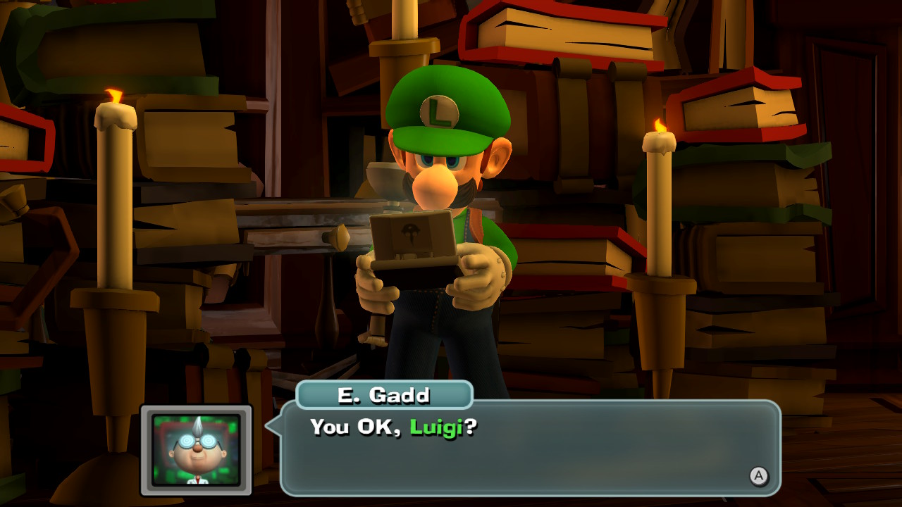 Luigi looking at a DS-like device in Luigi's Mansion 2 HD.