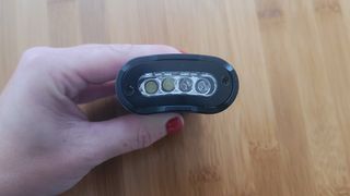 Review photo of the FireCel Mega 6 showing the 4 LEDs in the flashlight