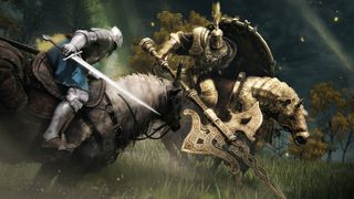 Elden Ring - A player on a horse with a sword fights against an enemy in gold armor on an armored horse