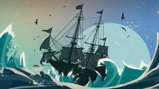 Campfire Cabal "Sunstone Teaser" image - hand-drawn tall ship in high seas