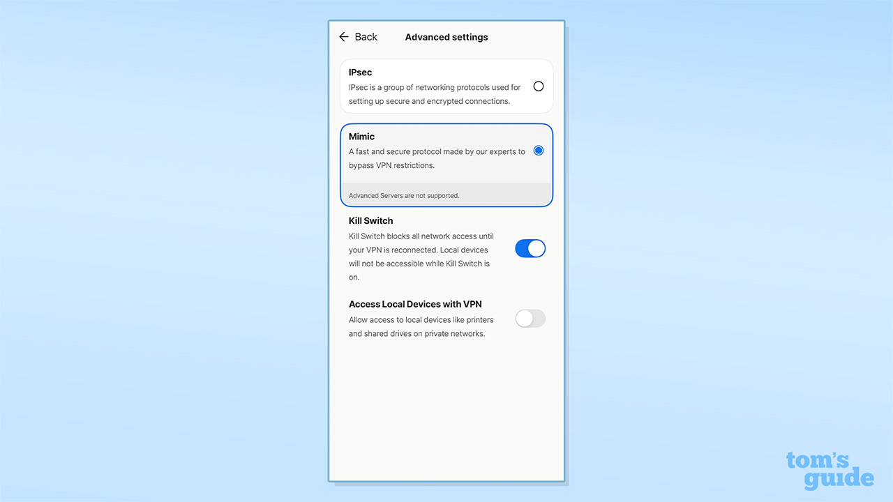 Screenshot of Norton VPN protocol settings on iOS app