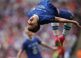 Sam Kerr celebrating for Chelsea in the 2023 FA Cup final