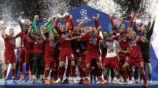 Liverpool players celebrate their Champions League final win over Tottenham in Madrid in 2019.