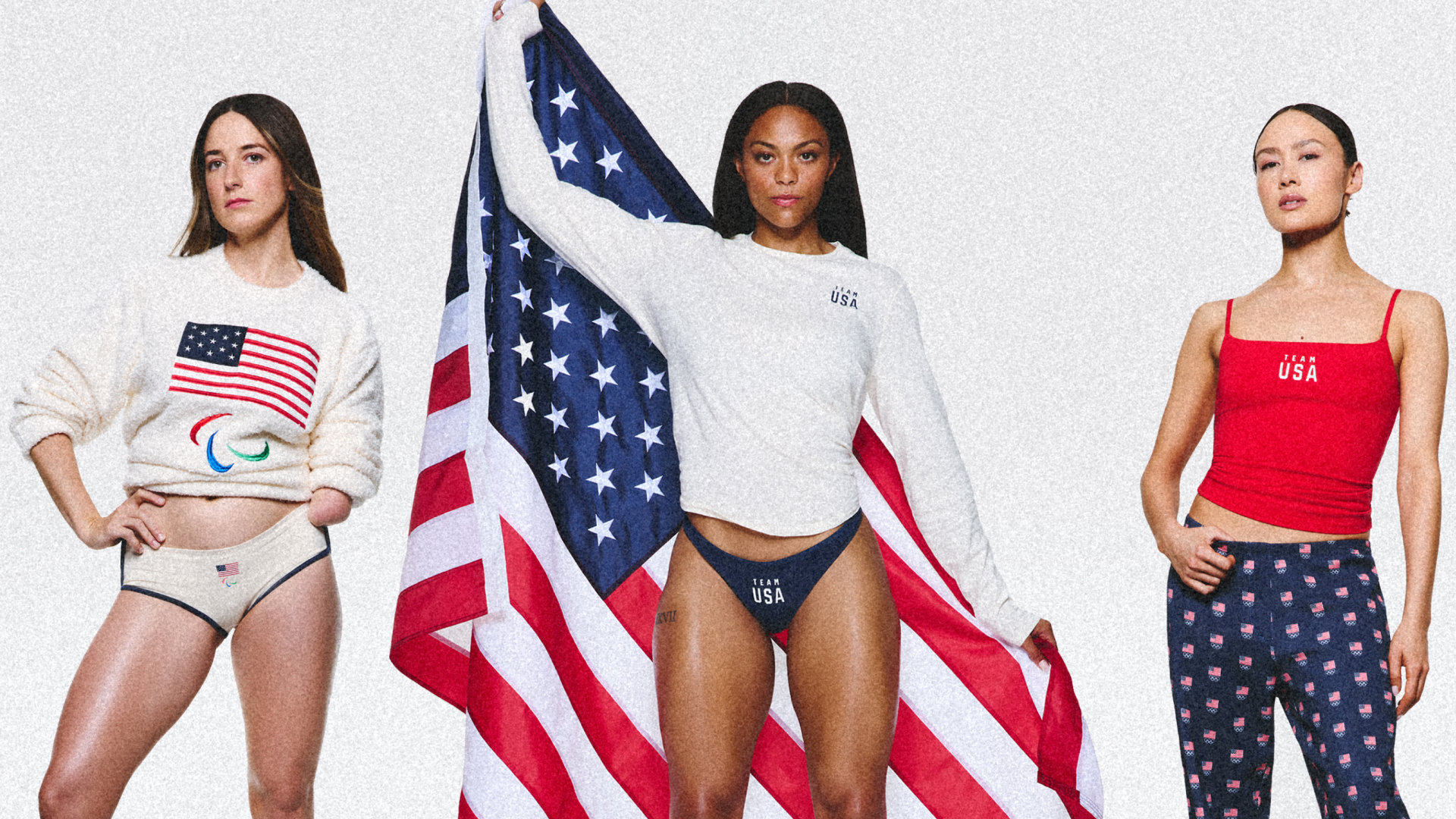 Three Team USA athletes in front of the American flag for the 2026 Winter Games