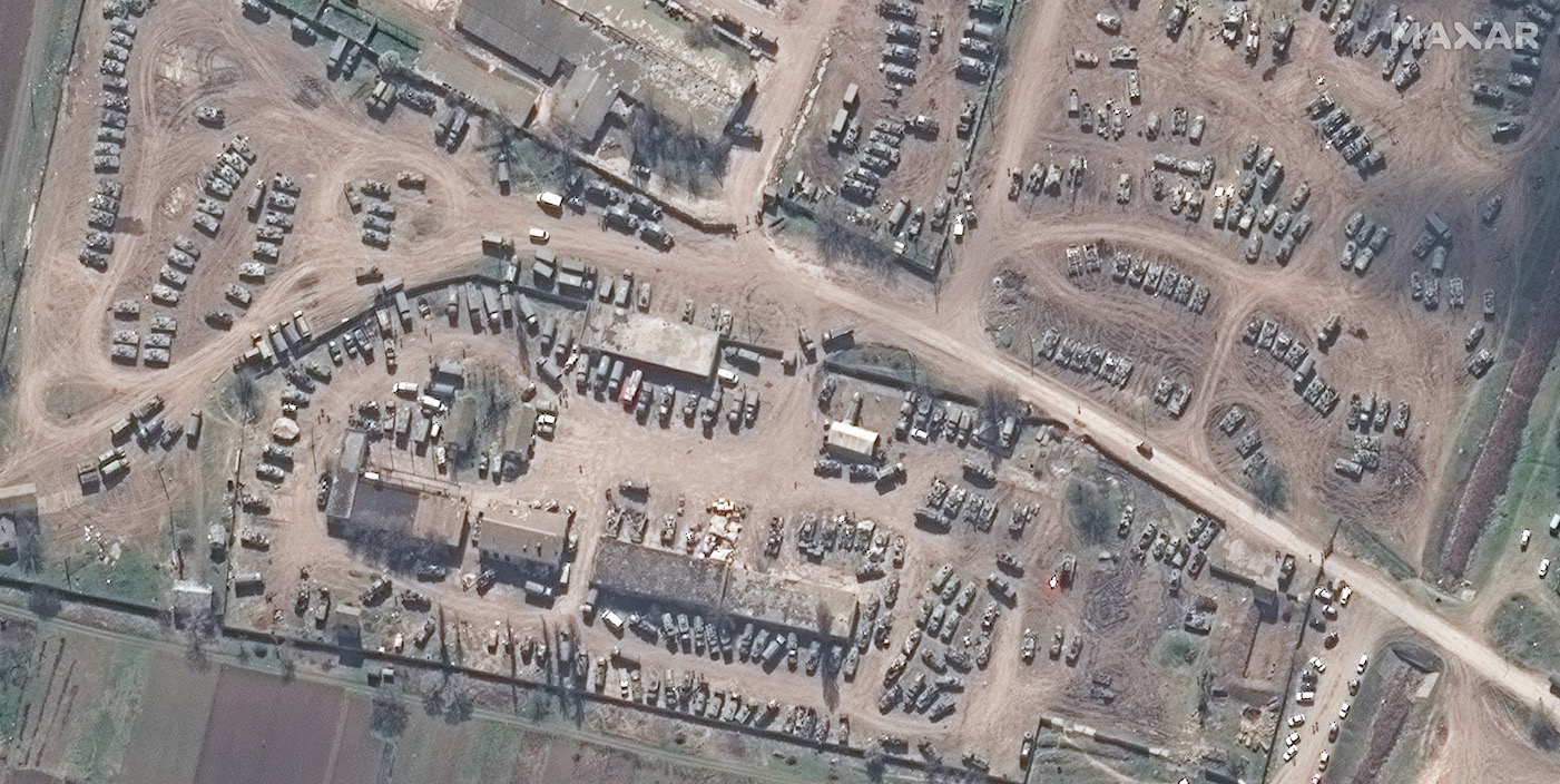 Seen in a collection of Russian warships near the city of Dzhankoi in Crimea, captured by a Maxar satellite on April 6, 2022.