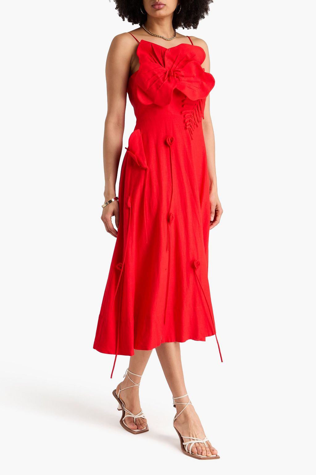 Farm Rio, Floral-appliqu&amp;eacute;d linen-blend midi dress