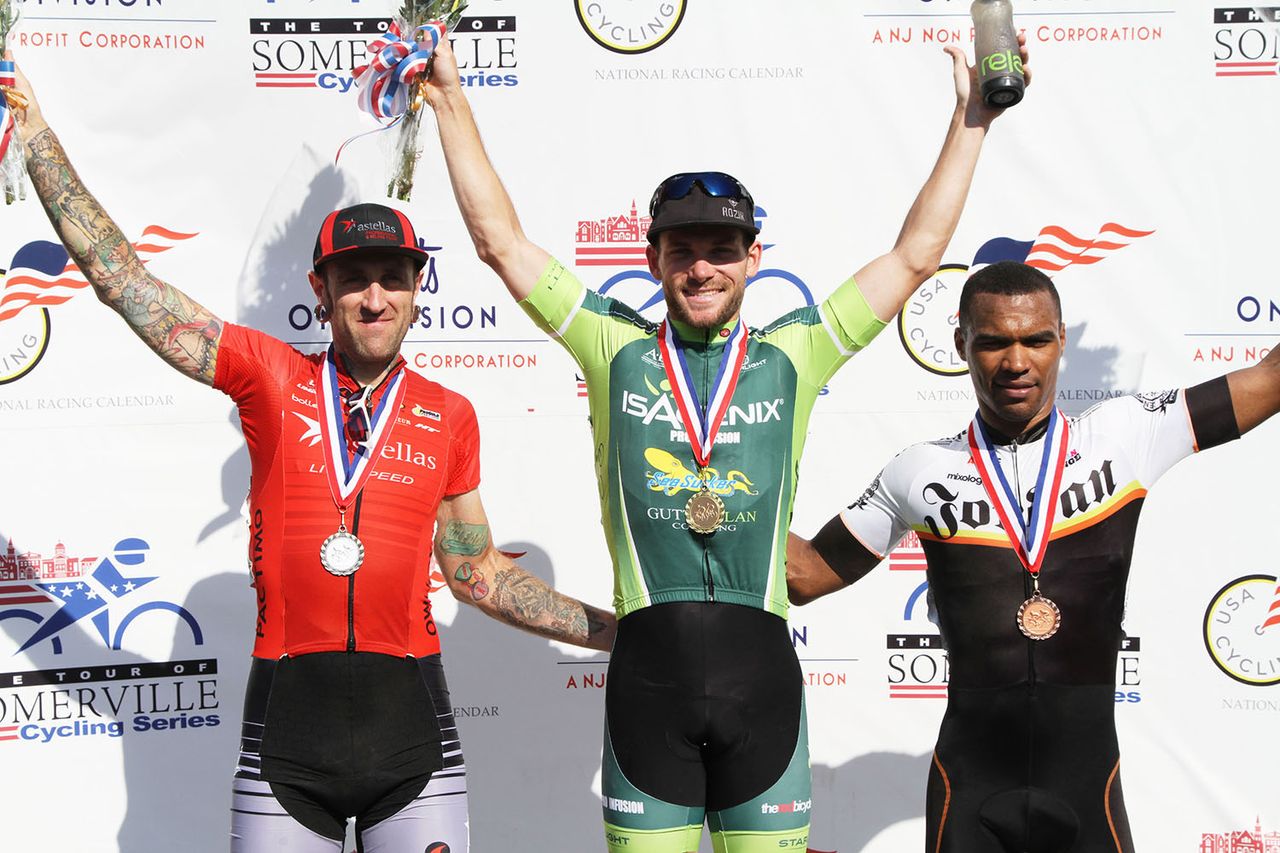 The Men&acirc;s podium: 2nd place: Adam Myerson (Astellas Cycling) 1st place: Andrew Dalhleim (Canyon Bicycles-Shimano) 3rd place: Stalin Quiterio Cuello (Dave Jordan Racing)